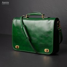 Luxury Green Full Grain Leather Briefcase Mens Laptop Messenger Bag Handmade Sat picture