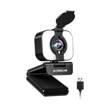 Atatat 2K QHD Webcam USB, Ring Light, Privacy Cover, Built-in Microphone, Black picture