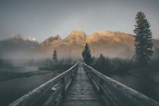 Landscape mist mountains bridge forest wood Custom Gaming Mat Desk picture