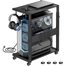 Rolling Computer Tower Stand with Dual USB Charging - Adjustable Height 23-28.3