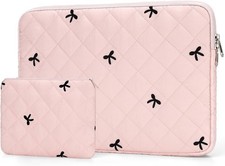 Quilted Laptop Sleeve 13-14 Inch, Bow Embroidery with Pouch, Pink picture
