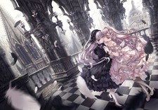 Landscape anime girls checkered dress feathers looking Custom Gaming Mat Desk picture
