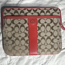 Coach Signature Padded Zip Tablet Sleeve/Pouch Canvas Beige Brown Red picture