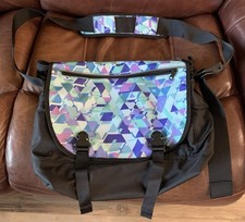 L.L. Bean Black Nylon Messenger Laptop Bag With Geometric Colorful Pattern Flap picture