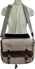 FOSSIL Vintage Messenger Bag Tote Crossbody Laptop Canvas Leather Brown Tan picture