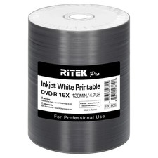 100 Pack Ritek Pro DVD-R 16X 4.7GB White Inkjet Hub Printable Blank Media Disc picture