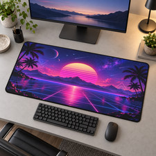 Synthwave Desk Mat & Mouse Pad Retro Sunset Neon Gaming Desk Decor picture