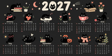 2027 Black Cat Calendar Desk Mat Mouse Pad | 2 Sizes | Cute Kawaii Art. picture