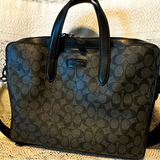 Coach Signature Leather Briefcase Laptop Bag 15 in Black/Gray Zip Crossbody picture