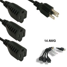 KNTK 14in. AC Power Cord NEMA 5-15P to 3X NEMA 5-15R 14 AWG 15A 125V SJT Cable picture