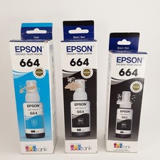 Lot of 3 Genuine EPSON 664 INK exp 2021, 70mL, EcoTank Black Blue Cyan T664120 picture