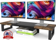 Soporte elevador de madera y acero para dos monitores de ordenador y portátil picture