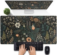 Dark Flower Desk Mat Floral Plants Pad, Aesthetic Wildflowers Large Gaming Mo... picture