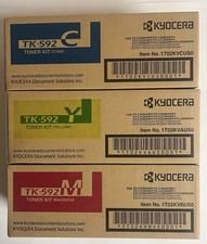 NEW Lot of 3 Kyocera TONER KITS, TK-592C Cyan + TK-592M Magenta + TK-592Y Yellow picture