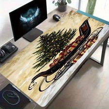 Christmas Themed Desk Mat | Black Sleigh and Decorative Tree Design, Non-Slip picture