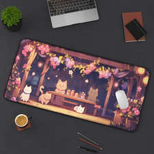 Kawaii Night Party Desk Mat Large Mouse Pad Cat Floral Gaming Decor Cute picture