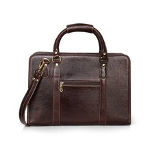 Luxury brown full-grain leather Unisex laptop briefcase top handle strap Basket picture