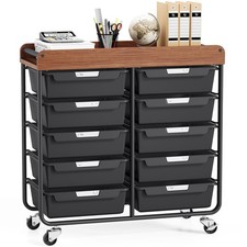 Rolling Cart 10 Drawers Wooden Tabletop Metal Frame Wheels Black Utility Storage picture
