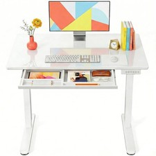 Glass Standing Desk 40 x 24 Inch 4 Zone Drawer Storage White Marsail picture