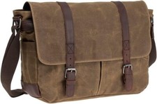 Vintage Genuine Leather Waxed Canvas Briefcase Large Satchel Shoulder Khaki-2  picture