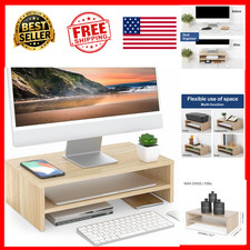 Monitor Stand Riser Wooden 2-Tier Desk Organizer Oak 16.7 Inch Rubber Feet Shelf picture