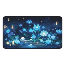 Blue Lotus Cat Desk Mat Kawaii Night Flower Mouse Pad Large Desk Pad picture