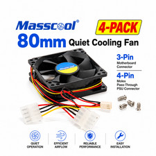 Masscool 80mm Quiet Cooling Fan 3-Pin Motherboard & 4-Pin Molex PSU (4-Pack) picture