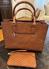 NEW Faux Leather Laptop Bag & Purse Set Cognac Brown Shopper Career Handbag Tote picture