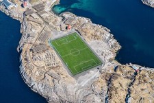 Landscape field soccer pitches sea lofoten norway aerial Custom Gaming Mat Desk picture