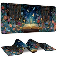 Fantasy Bookshelf Mouse Pad,Magical Butterfly Flowers Extended Cute Desk Acce... picture