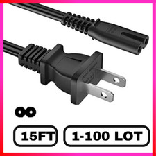 Lot of 2 Prong Power Cord Standard Plug Figure 8 AC Power Cable 15FT 125v, Black picture