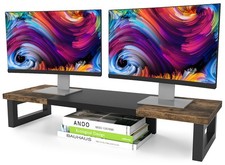 Rustic Brown Wood and Steel Dual Monitor Stand Riser Large Desktop Storage picture