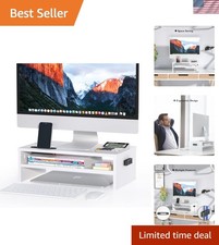 2-Tier Wooden Monitor Stand with Built-in Phone Holder & Cable Management, White picture