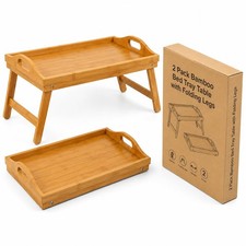 2 Pack Bamboo Bed Tray Table with Folding Legs – Wooden Breakfast Serving Tra... picture