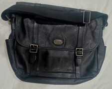 Fossil Black Leather Messenger Laptop Adjustable Shoulder Bag Brass Hardware picture
