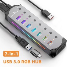 YUXI USB 3.0 Hub 7-Port RGB Aluminum with Individual Power Switches picture