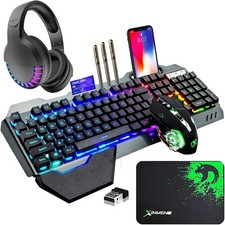 RGB Wireless Gaming Keyboard & Mouse with Bluetooth Headset Kit - Ergonomic Desi picture