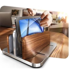 Aluminum Vertical Laptop Stand Black Cedar Wood DualSlot Fits 17.3 Inch Base picture