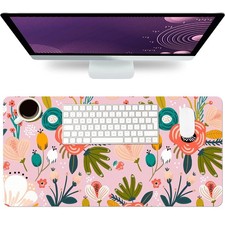 YOUWOUS Pink Floral Desk Mat, Large Non-Slip Leather Desk Pad 23.6