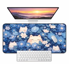 Kawaii Cats in Blue Garden Desk Mat, Large Mouse Pad Non-Slip Gaming Decor picture