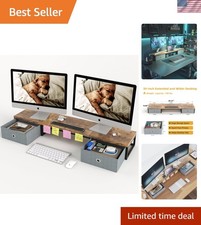 Heavy-Duty 39-Inch Dual Monitor Stand - Sleek Brown Organizer with Phone Holder picture