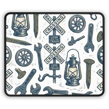 Railroad Crossing Tools pattern Gaming Mouse Pad | vintage lantern wrench wheel picture