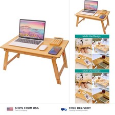 Bamboo Lap Desk Bed Table Adjustable Height Foldable Portable Breakfast Tray picture