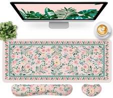 Pink Floral Desk Mat Set, Keyboard and Mouse Pad with Wrist Rest picture