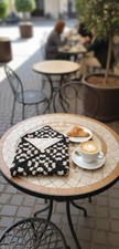 Black And Flecked Cream Crochet Granny Square Lined Laptop Case Button Close picture