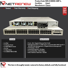 Cisco WS-C3850-48F-L 48-Port Full PoE+ Gigabit Switch  w/C3850-NM-2-10G picture