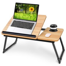 Adjustable Laptop Bed Desk Table Tray Brown Wood Foldable w/ Cup Holder picture