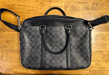 Coach Signature Logo Black/Gray Leather Laptop Briefcase 15in Crossbody F54803 picture