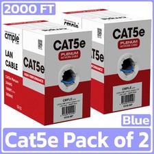 2 Pack 1000ft Cat5e Bulk Ethernet Cable CMP Plenum Solid 24AWG UTP Blue picture