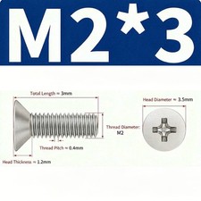 100PCS M2x3mm 304 Stainless Steel Phillips Countersunk Flat Head Laptop Screws picture